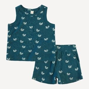 NWT 5Y Kate Quinn topstitch tank relaxed short set blue tiny squirrel pointelle